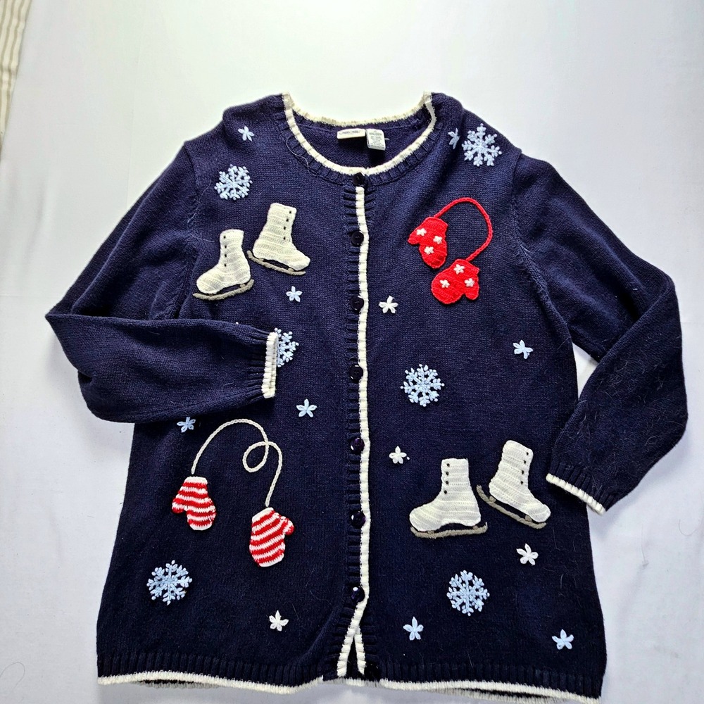 Cherokee Woman Navy Blue Winter Ice Skates Mittens Cardigan Sweater 1X 18W 20W